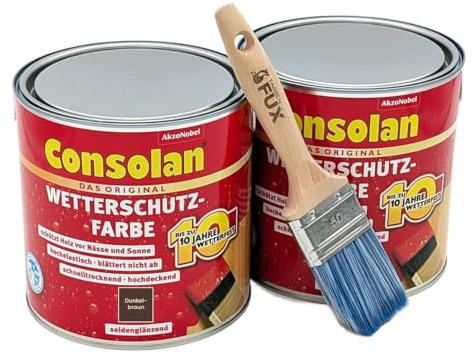 FarbenFux Consolan Wetterschutzfarbe 5 Liter Set inkl Profi Flachpinsel, deckender Holzschutz für Außen in allen Farbtönen (Dunkelbraun)