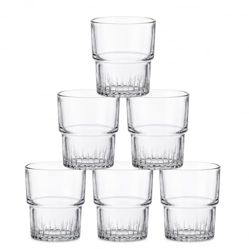 DURALEX | Set 6 Vasos de Cristal Agua 200 ml Apilable Transparente, Vasos Bajos de Vidrio Templado Resistentes, Diseño Apilable Ahorra Espacio, Aptos Lavavajillas y Microondas
