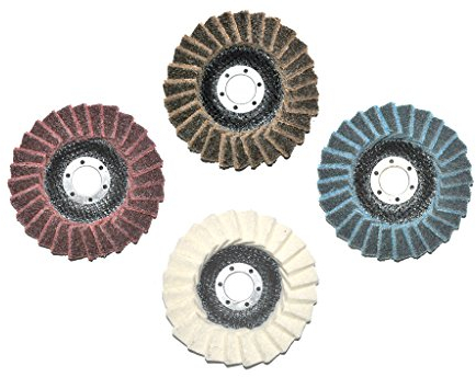 Set mit insgesamt 4 Stück 115mm Polierfächerscheiben. Je 1x Fein/Fine, Mittel/Medium, Grob/Coarse und Filz Polierfächerscheibe. 22.23mm für Winkelschleifer.