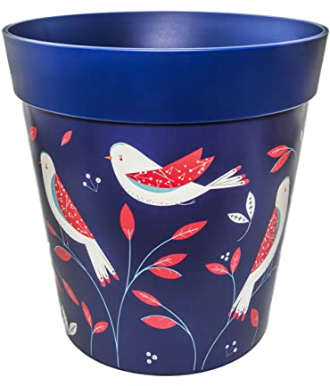 Hum Flowerpots, 25cm, Various Patterns Colours and Sizes, Indoor/Outdoor Plastic Plant Pot, Blue Bird Placement