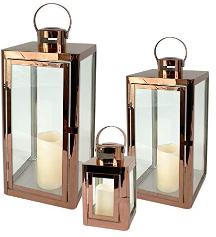 Mojawo Traumhaftes 3er Set Luxus Gartenlaterne Edelstahl Rosegold/Kupferfarben Windlicht Laternen Set Höhe 22/32/46cm Edel Design
