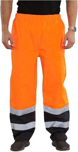 shelikes Mens Waterproof Rain Hi Vis Safety Over Trouser Work High Viz Visibility Pants (Large, Orange 2 Tone)