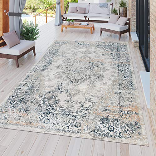 TT Home In-& Outdoor Teppich Terrasse Vintage Küchenteppich Orient Design Blau Beige, Größe:120x160 cm