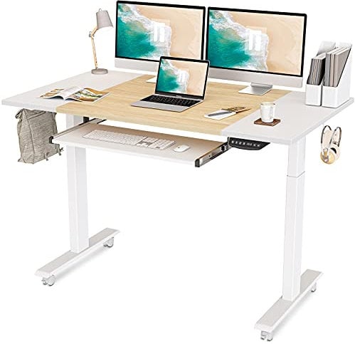 FEZIBO Dual Motor Height Adjustable Electric Standing Desk, 140 * 60cm Full Sit Stand Home Office Table with Splice Board, White Frame/White and Natural Top