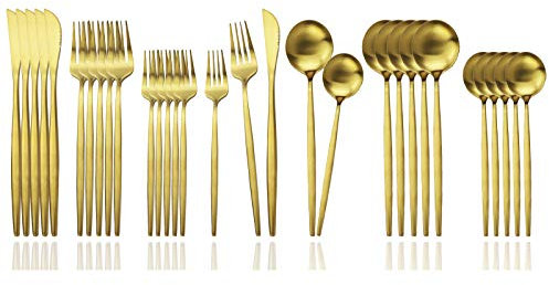 JASHII Set di posate posate in acciaio inox satinato per 6, cucchiai e forchette, set di utensili da cucina, lavabile in lavastoviglie (oro opaco)
