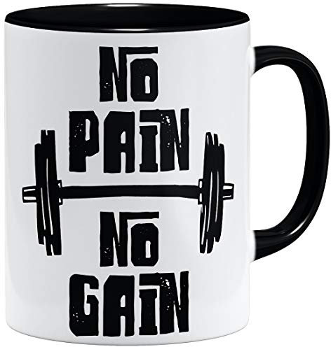 OM3® No Pain No Gain Fitness Kaffee-Tasse mit Spruch | Keramik Becher | 11oz 325ml | Beidseitig Bedruckt | Schwarz
