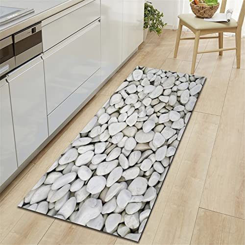 Chickw1 Teppich Wohnzimmer Lang, 3D Kieselsteine Drucken Moderne Flauschig Flanell Antirutschunterlage Fläche Teppiche für Kinderzimmer Schlafzimmer Outdoor Küche (Weiße Kieselsteine,50x160cm)