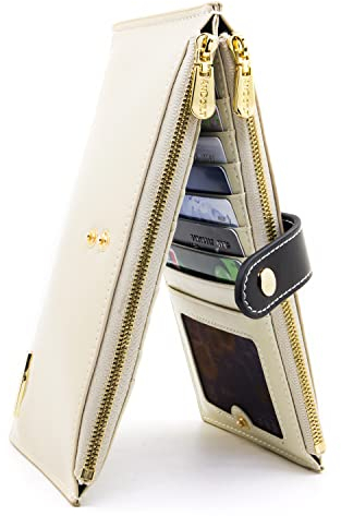 ANDOILT Femmes Multi Portefeuille en Cuir Blocage RFID Card Organizer avec Poche Zippée Sac À Main pour Téléphone Portable Blanc Crème