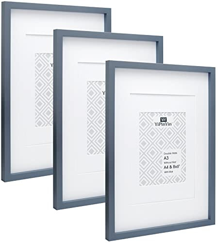 Bilderrahmen, A3, 3er-Set, mit doppelten Passepartouts für A4 und 15,2 x 20,3 cm, A4-Bilderrahmen für 3 Packungen, grauer A3-Holz-Posterrahmen mit Passepartout für A4-Bilderrahmen