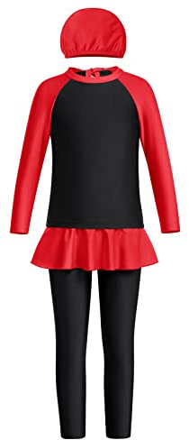 OBEEII Mädchen Muslimische Badeanzug Langarm Full Cover Burkini/Islamische Badebekleidung Hijab Modest Swimsuit Konservative Bademode Muslim Swimwear Rötlich Schwarz 11-12 Jahre