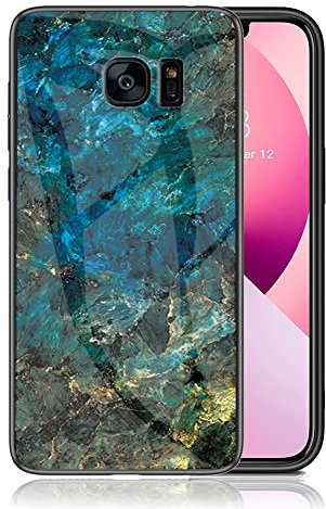 IMEIKONST Kompatibel mit Samsung Galaxy S7 Edge Glitzer Hülle Gehärtetes Glas Rückseite + Stoßfest Weicher Bumper Handyhülle Marmor Ultradünne Schutzhülle für Samsung S7 Edge. Smaragd Blau LSM