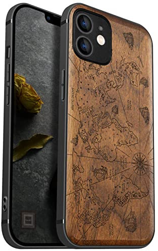 Carveit Coque en Bois pour iPhone 12 Compatible avec MagSafe et Chargement sans Fil Étui de téléphone Antichoc de 12 Etui magnétique Souple TPU Silicone Bumper (Noyer-Carte du Monde)