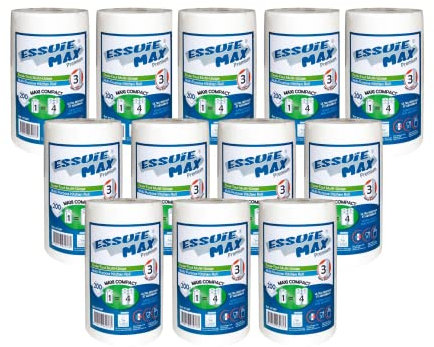 DSTOCK60 - Lot de 12 bobines essuie-tout multi usage maxi compact - 1 Rouleau=4 rouleaux - Bobine essuie main gaufre devidage central - 3 plis pure ouate - Qualité premium - Agréés contact alimentaire