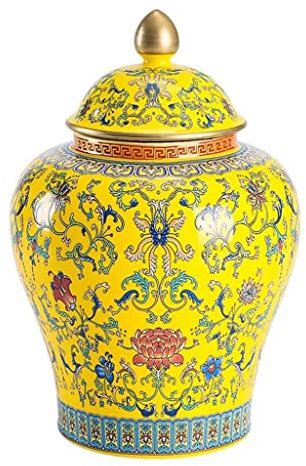 DU HUI Pots de Gingembre décoratifs avec couvercles, Ancien Pot de Temple en Porcelaine Jaune Chinoise, Vase à Fleurs de Cuisine à la Maison, pièce maîtresse de Table de décoration de Salle à Manger