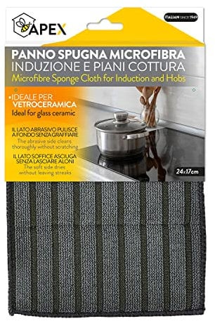 Apex Panno in Microfibra Speciale per Piani Cottura, Induzione e Vetroceramica – Doppia Azione Pulente e Asciugante, Non Graffia, 24x17 cm