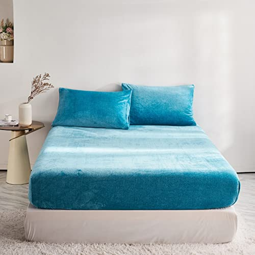 DXHOME Spannbettlaken 90x200cm Winter Teddy Plüsch Flauschige Warme Bettlaken Boxspringbett Türkis Blau Cashmere Touch Milchfleece Spannbetttuch Kinder Einzelbett Spannbettlaken für Topper bis 25-30cm