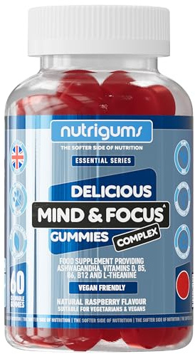 Mind & Focus Ashwagandha Gummy | Ashwagandha, L-Theanine, Vitamins D, B5, B6 & B12 | Raspberry Flavour | 60 Vegan Gummies | Cognitive Health, Nervous System and Mental Performance by NUTRIGUMS®
