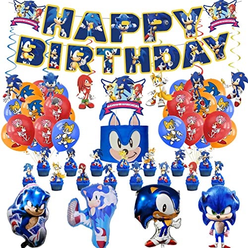 Sonic Birthday Party Decorations, Sonic Party Balloons Decorations, Sonic Happy Birthday Banner, Sonic Cake Toppers for Kids Birthday