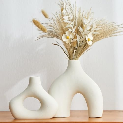 AWNR Weiße Keramikvase, 2er-Set für Moderne Wohnkultur, minimalistische runde Donut-Blumenvase für Tafelaufsätze, einzigartige, neutrale Boho-Vase für Wohnzimmer, TV-Ständer, Esszimmer