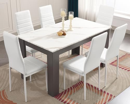 Blisswood Dining Table Set, Dining Table And Chair Set, Pu Leather Dining Room Chairs and 17mm Thick Table Top Long Modern Dining Table Set (White Marble/Grey Dining Table and 6 White Chairs)