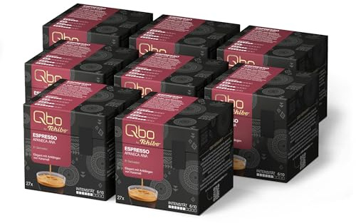 Tchibo Qbo Espresso Apaneca Ana Premium Kaffeekapseln, 216 Stück – 8x27 Kapseln (Espresso, Intensität 5/10, elegant mit Karamellnote), nachhaltig & aus 70% nachwachsenden Rohstoffen¹