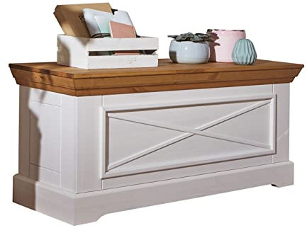 möbelando Truhe WZ-0133 aus Kiefer massiv in weiß mit Absetzungen in eichefarbig. Abmessungen (BxHxT) 108x50x42 cm