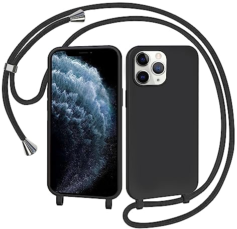 AOMYKE Handyhülle für iPhone 11 Pro Hülle mit Band, Handyband iPhone 11 Pro Hülle zum Umhängen Schutzhülle mit Kette Kordel Weich TPU Liquid Silikon Case, Schwarz