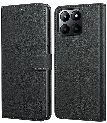 Leacckl for Honor 70 Lite Case, Leather Wallet Case, Flip Case with Card Holder and Magnetic Buckle, Black