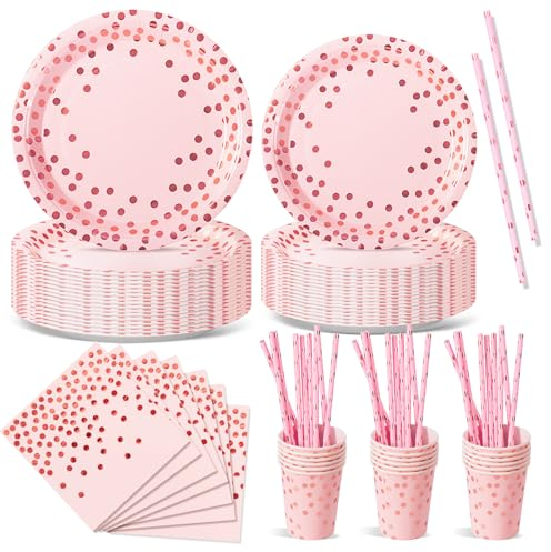 Nkaiso Partygeschirr 120 Stück Roségold Kindergeburtstag Mädchen Party Deko Zubehör Set Papier Geschirrset einschließlich Pappteller Servietten für Party Hochzeiten Deko Jubiläums-24 Gäste