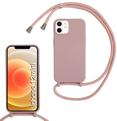 SLWYF Compatible with iPhone 12 Mini Crossbody Lanyard Case, Liquid Silicone Protective Phone Case with Strap Adjustable Neck Cord Necklace Soft Cover for iPhone 12 Mini, Sand pink