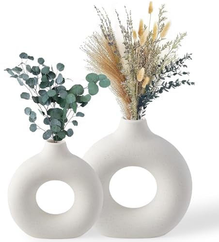 BASVII Kleine Weiße Vase für Pampasgras - Boho Keramik Blumenvase Modern, Zimmer Aesthetic - Donut Vase Rund für Wohnzimmer, Flur, Fensterbank, Esstisch (S+M)