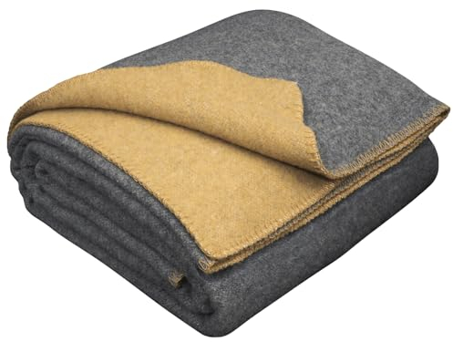 LYHome Merino Decke Wolldecke - Reisedecke Picknickdecke Campingdecke, Militär Kuscheldecke Tagesdecke, Flauschig Schafwolldecke Sofadecke Blanket Outdoor Wohndecke (150 x 215 cm | Grau and Senf)