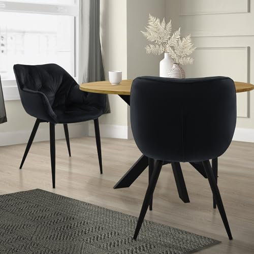 ML-Design Esszimmerstühle 2er Set Schwarz, Küchenstuhl mit dickem Samtstoff gepolsterter Sitz, Metallbeinen, Wohnzimmerstuhl mit Rücken- und Armlehnen, Gesteppter Polsterstuhl, Ergonomischer Sessel