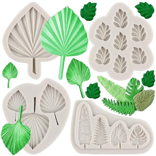MYPRACS Set di 4 stampi in silicone a forma di foglia di ventaglio, foglie di palma a ventaglio, foglia di Monstera, stampo per cioccolato fondente per decorazione torte, topper per cupcake, caramelle