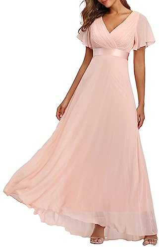ECDAHICC Robe de soirée pour femme, avec ceinture, col en V, taille haute, ligne A, en mousseline de soie, robe de demoiselle d'honneur, robe de bal élégante