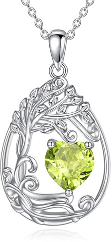 Tree of Life Birthstone Necklace for Women Sterling Silver Tree Jewellery Peridot August Pendant Green Gemstone Anniversary Birthday Christmas Gifts for Wife Mom Her (08-Aug-Peridot)