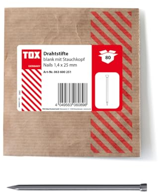 TOX 1,4x25 mm Drahtstifte Nails Stauchkopf für beinahe unsichtbare Befestigungen in Holz, blanker Stahl, 80 STK. in Einer wiederverschließbaren und umweltschonenden Papierverpackung, 063600251, Silber