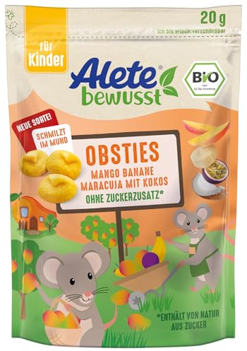Alete bewusst Obsties Mango Banane Maracuja mit Kokos, ab 3 Jahren, gefriergetrocknete Bio-Fruchtchips, Früchte-Snack für Kinder, verzehrfertig im verschließbaren Beutel, 1 x 20 g