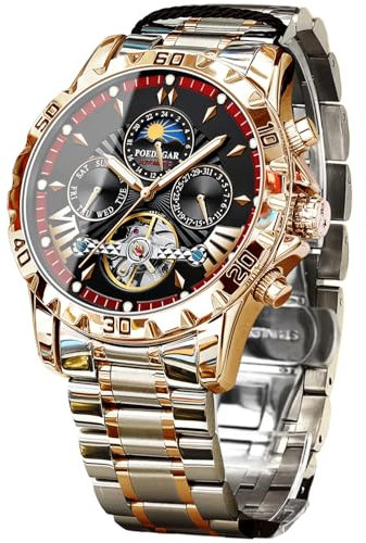 FORSINING Mechanische Herrenuhr, Mondphasen-Tourbillon, automatische Selbstaufzieh-Armbanduhr, luxuriöses Edelstahlband, 43 mm großes Zifferblatt, Herren-Armbanduhr mit 3 Hilfszifferblättern, Rotgold,