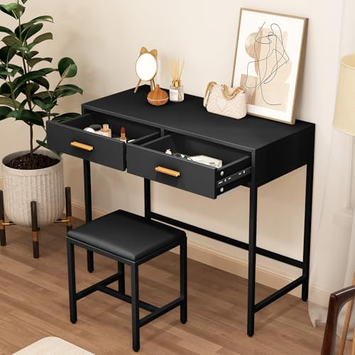 LIANWANG Toeletta da Trucco con 2 Cassetti, Tavolo da Trucco con 1 Sgabello, Nera, 40 x 90 x 78 cm