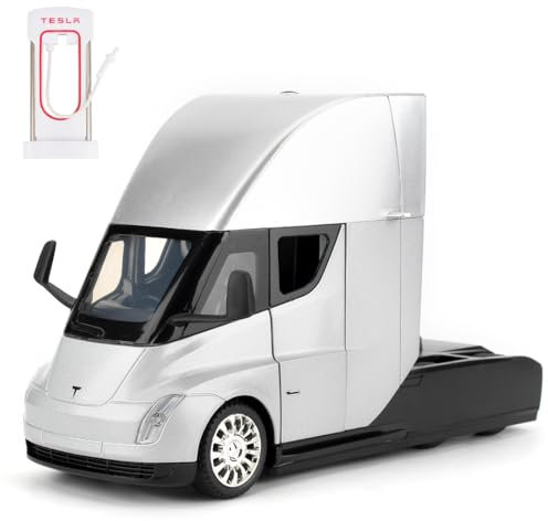 1:24 Tesla Semi Truck Head, Spielzeugauto aus Aluminiumdruckguss, Spielzeugmodellauto zum Sammeln, Geschenk für Kinder, Spielzeugauto mit Sound- und Lichtfunktion und Pull-Back-Funktion(silber)