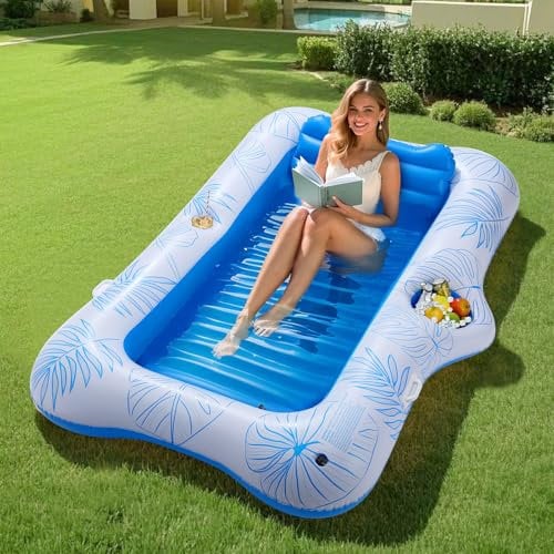 MoKo Bouée Gonflable pour Adultes en PVC, 82 x 50 Matelas de Piscine Gonflable avec Bac à Glaçons & Porte-Gobelets, Chaise de Piscine Longue pour Parc Aquatique Plage, Foglia Blu