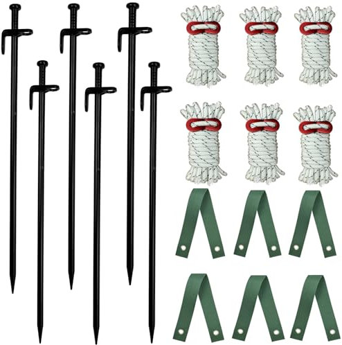 6 Pack Tree Stake Kit,Steel Tree Stakes Supports Anti Strong Wind,Leaning Tree Anchor Straightening Kit with 6PCS 4 M Reflective Guy Lines and 6PCS Tree Straps for Young Trees Outdoor Tent