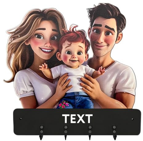PSUNEY Porte-clés en Bois avec Photo Personnalisé de Style Bande Dessinée pour Décoration Murale pour Porte-clés, pour Mur, Entrée, Couloir, Bureau Cadeaux Présonalisés pour Famille, Anniversaire