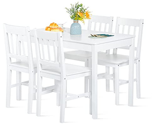 FURNITABLE Esstisch mit 4 Stühlen, Essgruppe Kiefer Holz für Esszimmer, Küche, Wohnzimmer, Weiß