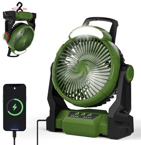 Camping Ventilador 15000mAh,GuKKK Portátil Recargable para Escritorio Tienda de Campaña con Luz LED y Gancho,Timer Ventilador USB de 3 Velocidades para Pesca,Picnic,Exterior