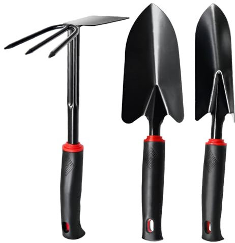 Herramientas de jardinería de 3 piezas con mango antideslizante – Kit profesional de acero inoxidable para plantación, excavación y azada (pala, trasplantador, azada doble)