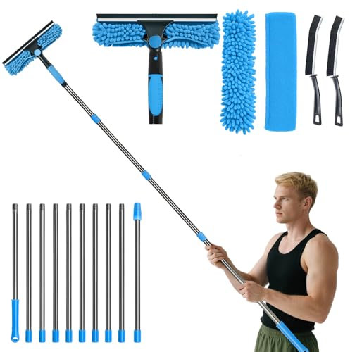 Orifesio 4.3M Long Reach Window Cleaning Kit, Window Cleaning Equipment with 10 Extension Pole, 2 Crevice Brush & 3 Microfiber Cloth, Extendable Window Cleaner Pole for High Window Car Glass, Blue