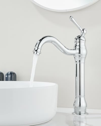 Retro Wasserhahn Badezimmer, OUGOO Waschtischarmatur Hoch 360° Drehbar Messing Einhebel Mischbatterie, Antik Elegant Geschwungene Armatur für Aufsatzwaschbecken, Chrom