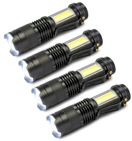 Eaxus Mini LED-Taschenlampe Glow-Max, mit 2 Lichtquellen, XPE mit Zoom und COB-Seitenlicht, 3 Lichtmodi, wiederaufladbarer Akku, USB-Arbeitsleuchte, schwarz, 4er Set
